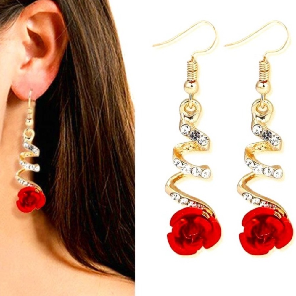 Red rose spiral clear rhinestone gold tone drop hook earrings Valentines gift!